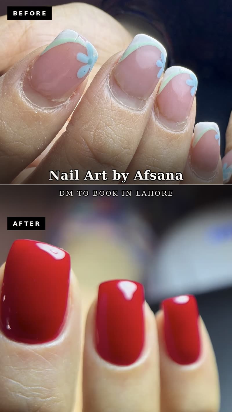 Before and after creative showing a nail set redone in red gel by Afsana