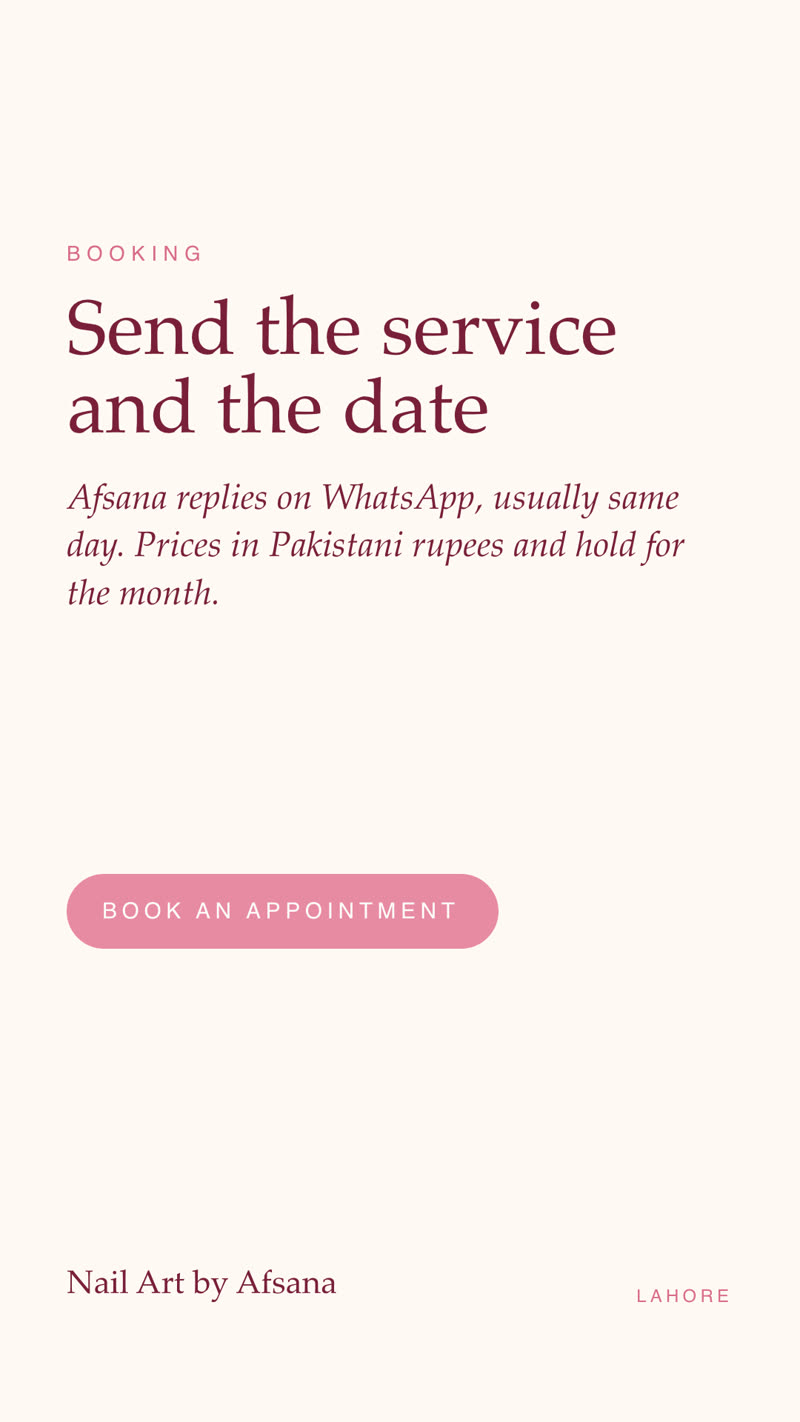 'Send the service and the date' booking story card for Nail Art by Afsana