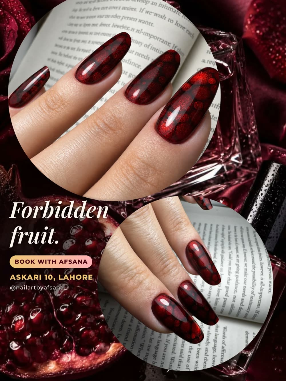 'Forbidden fruit' red nail art campaign poster for Nail Art by Afsana