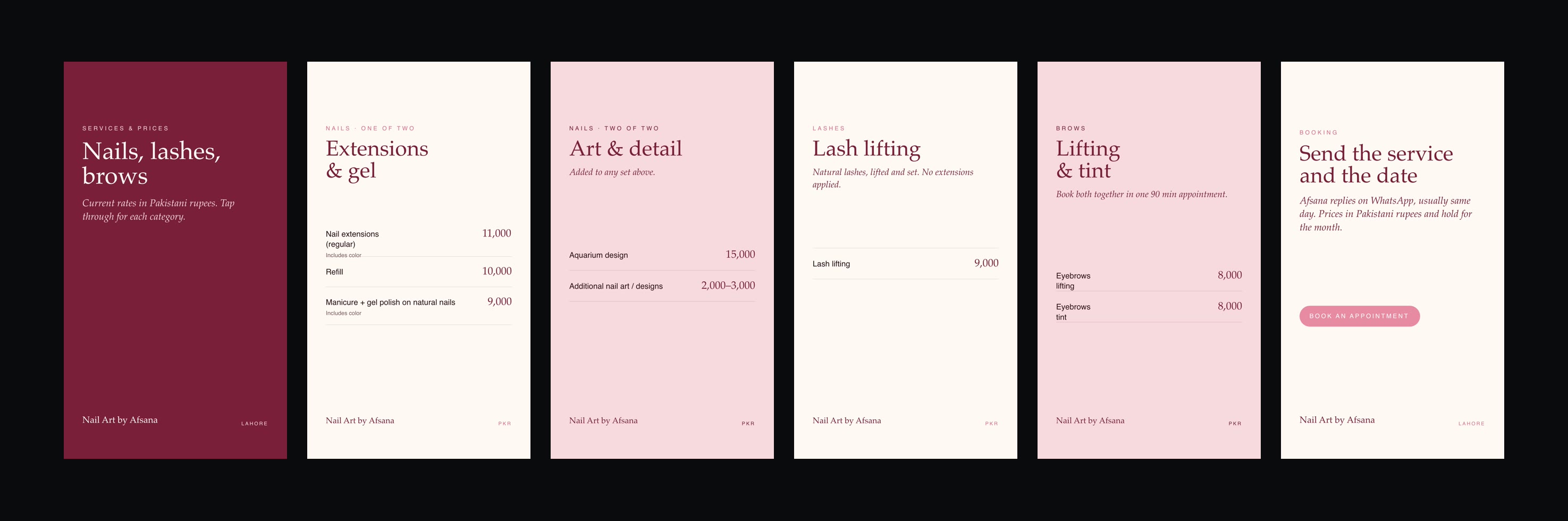 Six-card Instagram story price set for Nail Art by Afsana covering nails, lashes, brows and booking, priced in Pakistani rupees