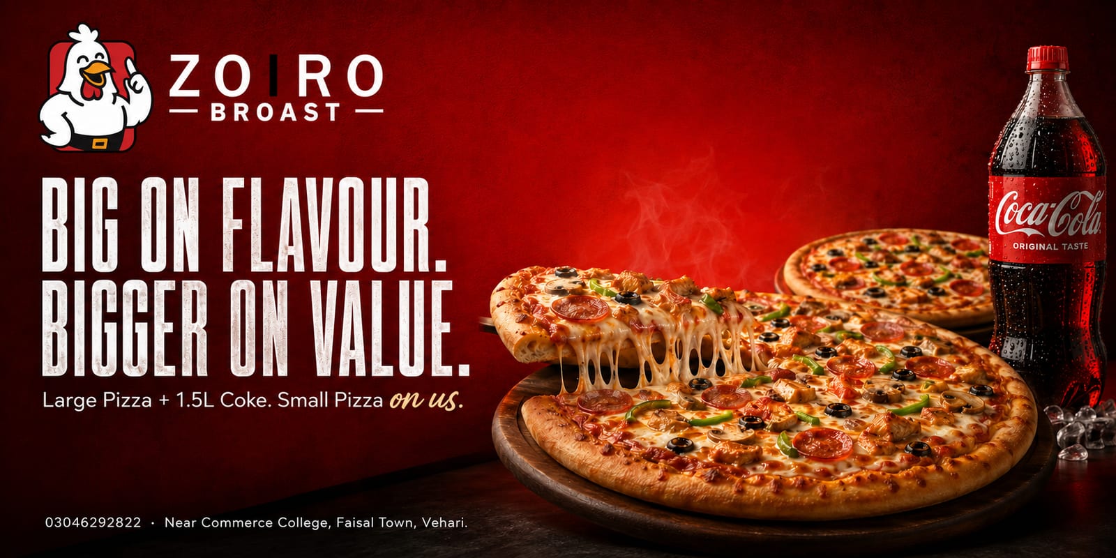 Zoro Broast 'big on flavour, bigger on value' horizontal pizza banner