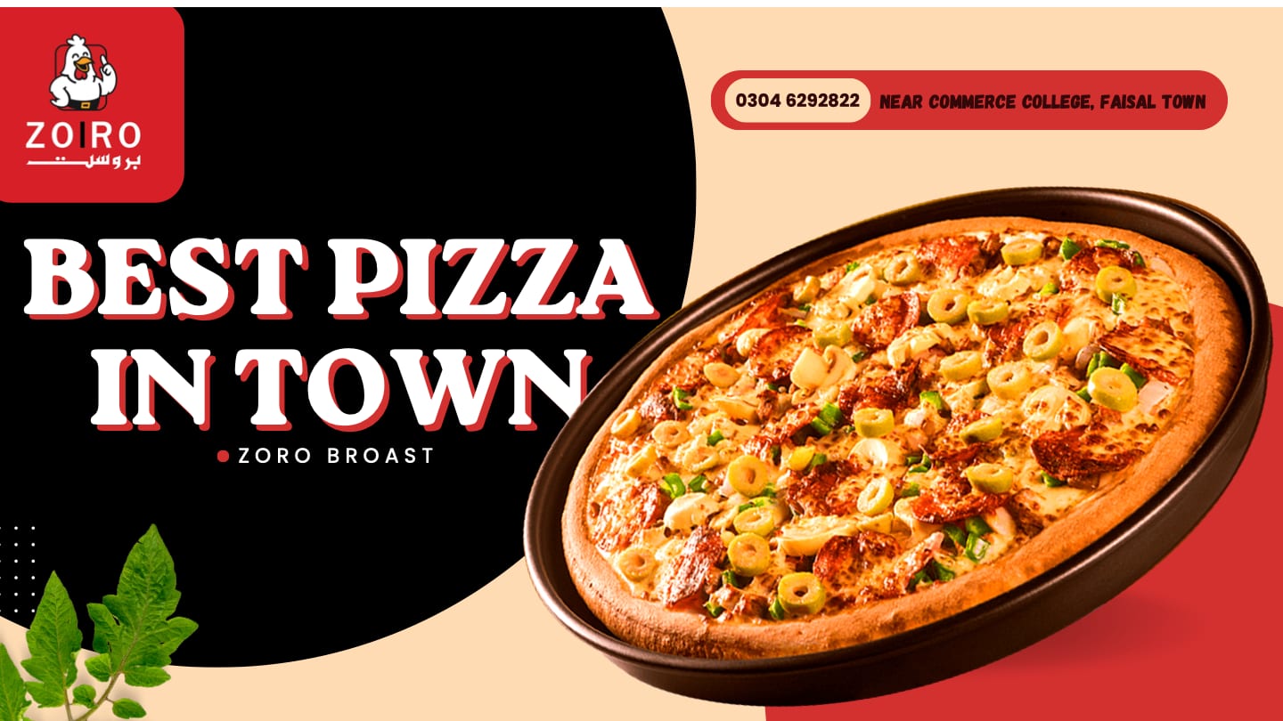 Zoro Broast 'best pizza in town' yellow and black banner