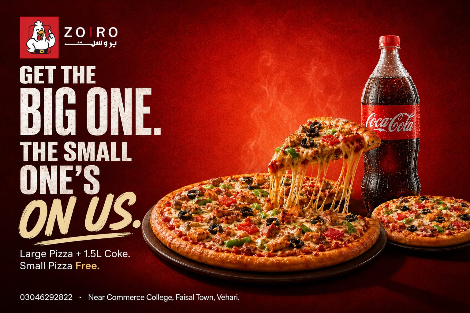 Zoro Broast 'get the big one' red and gold BOGO pizza design