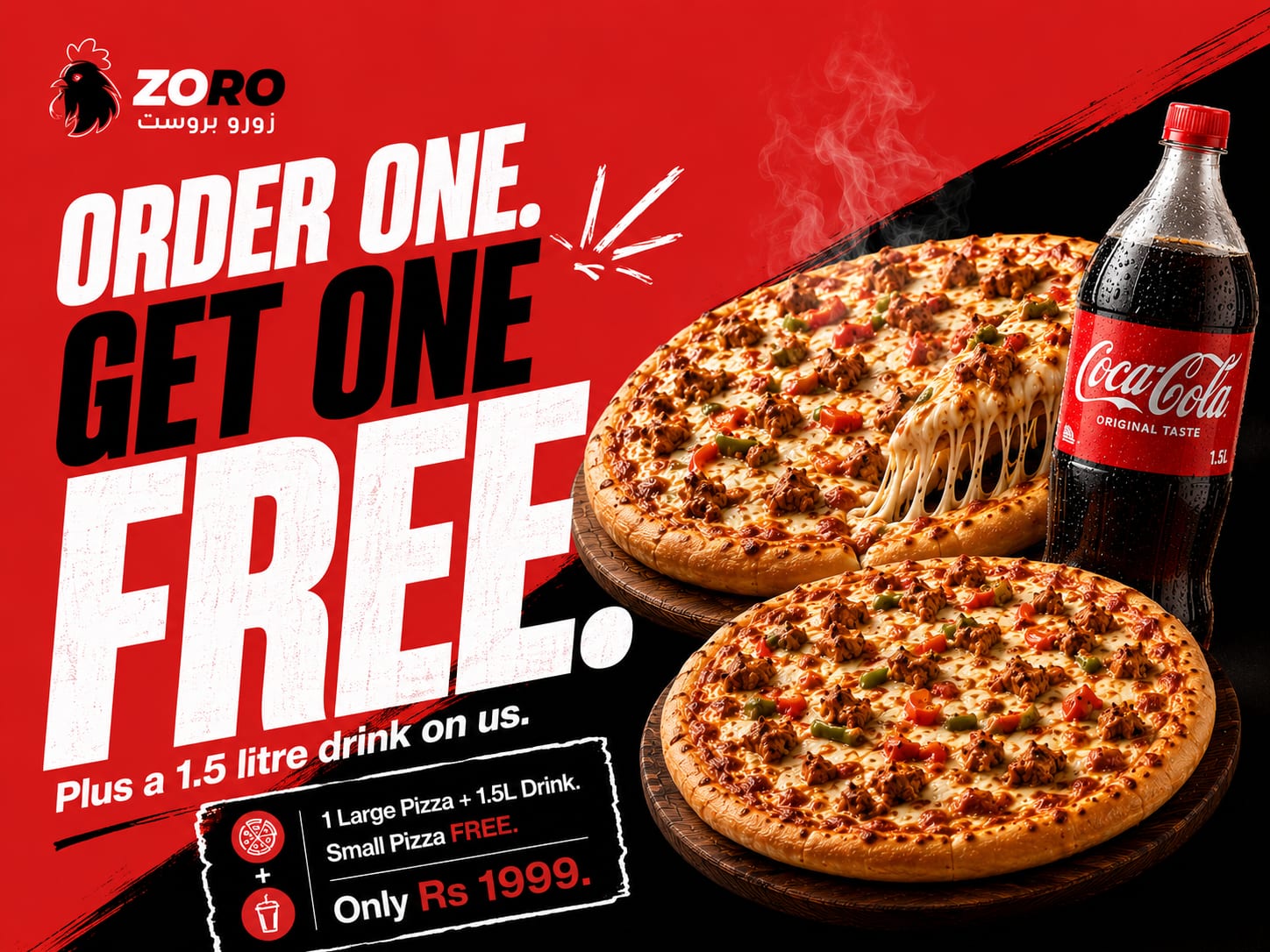 Zoro Broast order one get one free pizza deal banner at Rs 1,999