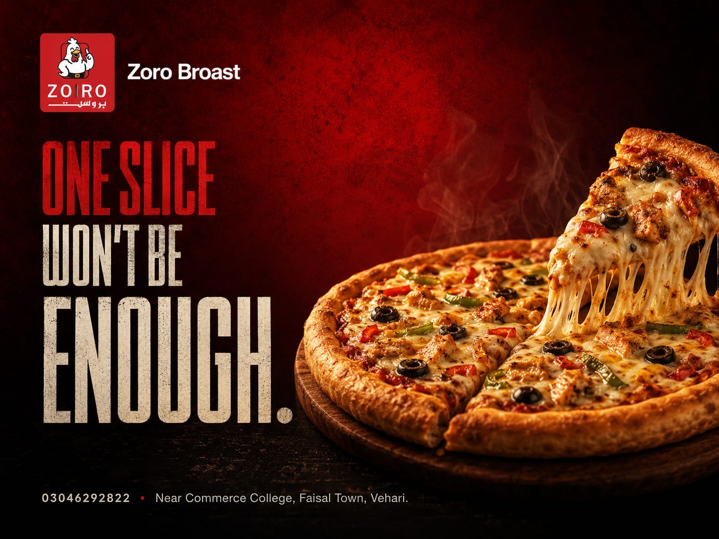 Zoro Broast 'one slice won't be enough' red pizza poster